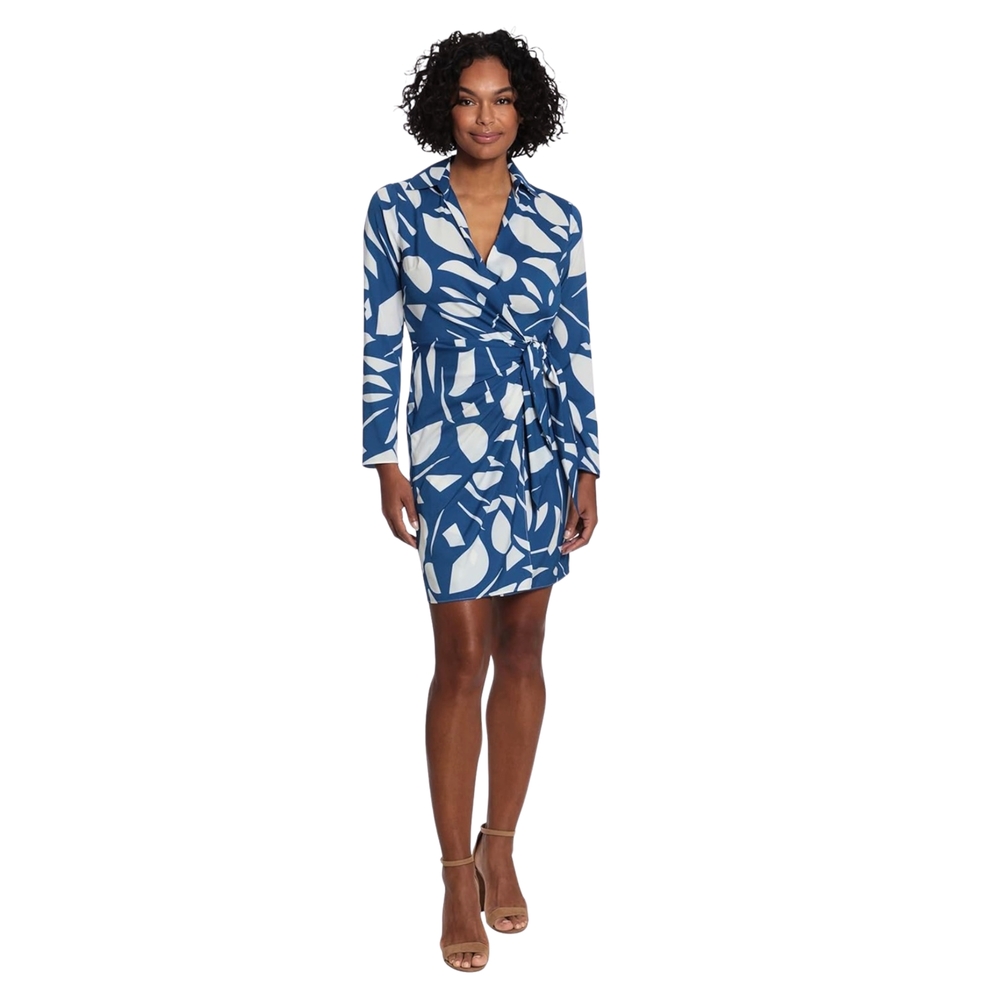 London Times Blue and White Long Sleeve Faux Wrap Dress, Size 12 - Picture 4 of 12